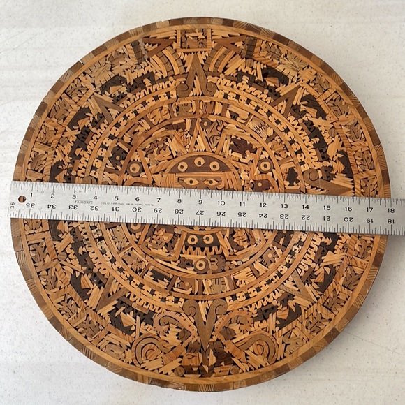 Wood Mosaic Round Wall Art of Aztec Calendar Cuauhxicalli - Picture 2 of 8